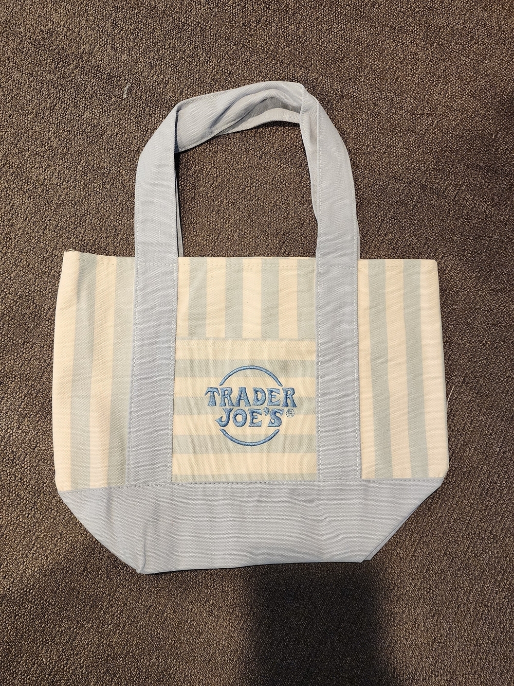 Trader Joe's Cream & Light Blue Striped Small Canvas Tote VIRAL